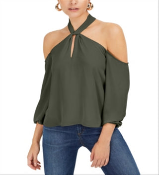 Bar III Women's Keyhole Cold Shoulder Blouse Green Size XX-Large