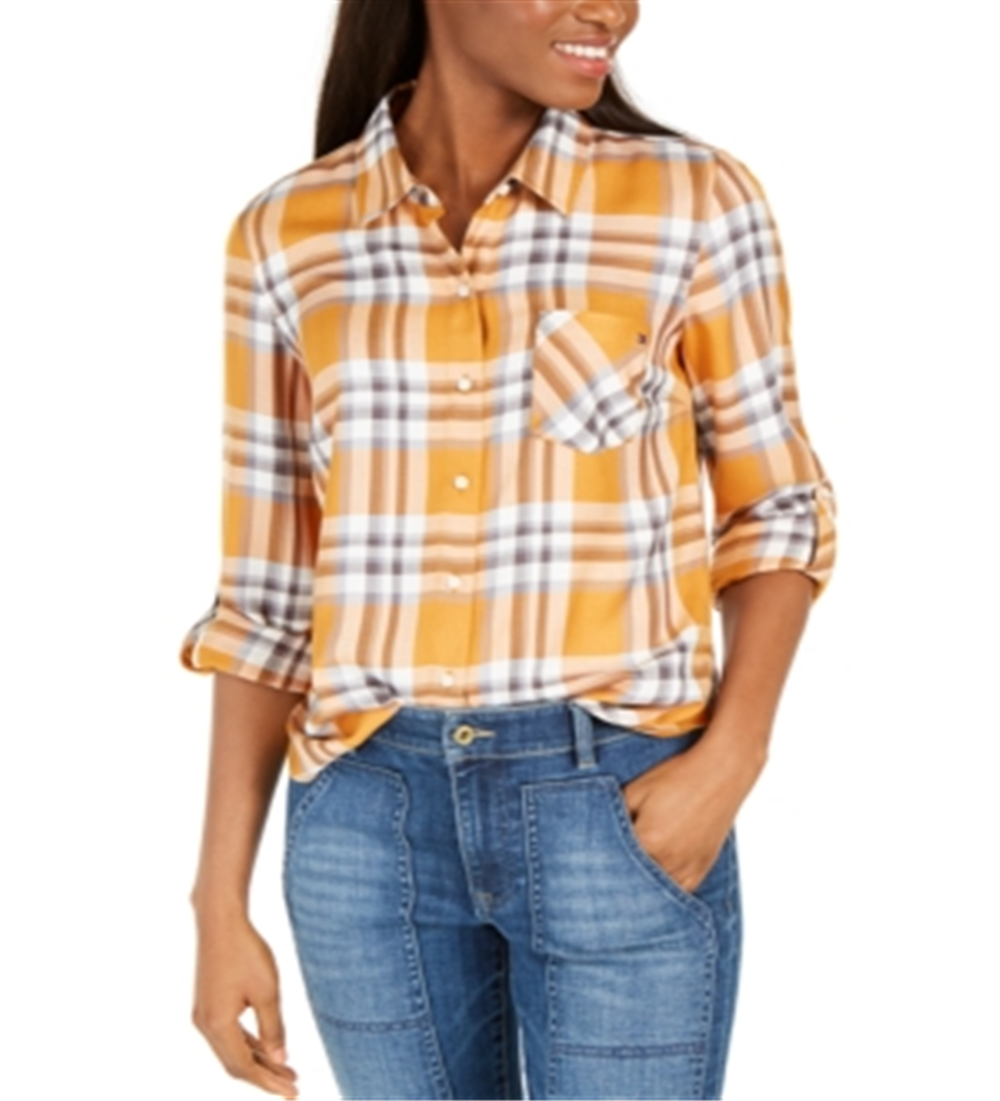Tommy Hilfiger Women's Roll Sleeve Plaid Shirt Yellow Size Medium