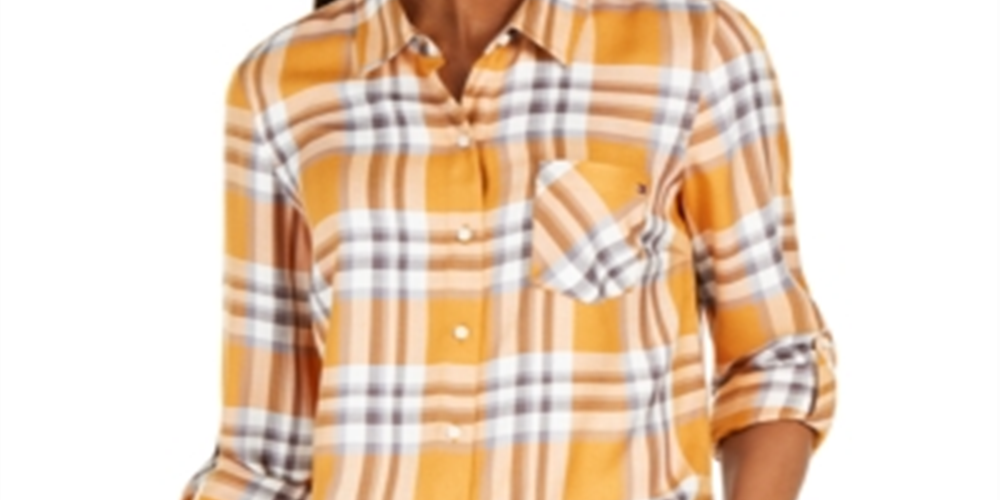 Tommy Hilfiger Women's Roll Sleeve Plaid Shirt Yellow Size Medium