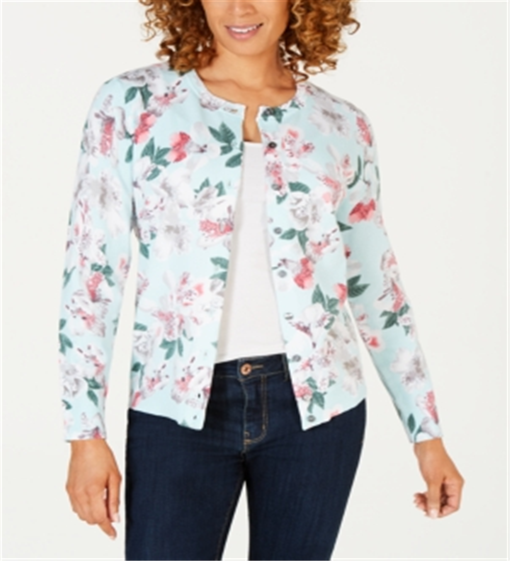 Karen Scott Women's Floral Long Sleeve Open Cardigan Top Green Size X-Large
