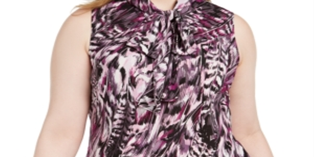 Bar III Women's Trendy Plus Printed Tie Neck Top Purple Size 3X