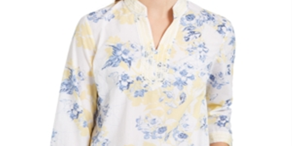 Charter Club Women's Cotton Embroidered Printed Voile Tunic Yellow Size Petite