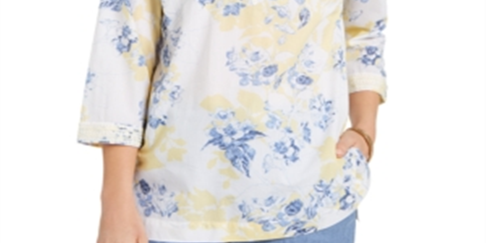 Charter Club Women's Cotton Embroidered Printed Voile Tunic Yellow Size Petite