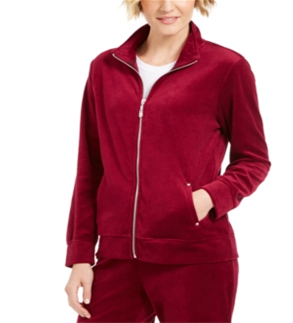 Karen Scott Women's  Sport Velour Zip Jacket Red Size Small