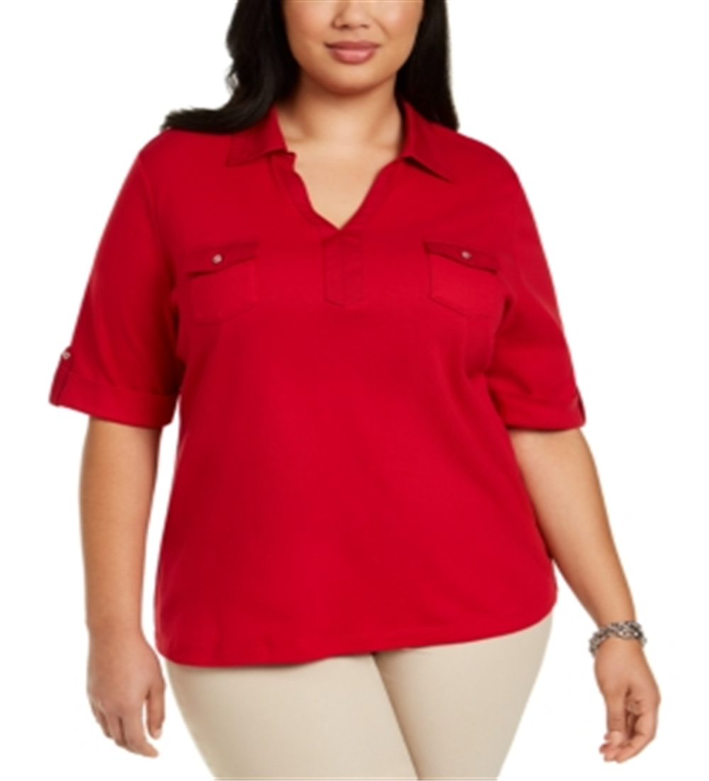Karen Scott Women's Plus Cotton Collared Top Red Size 4X