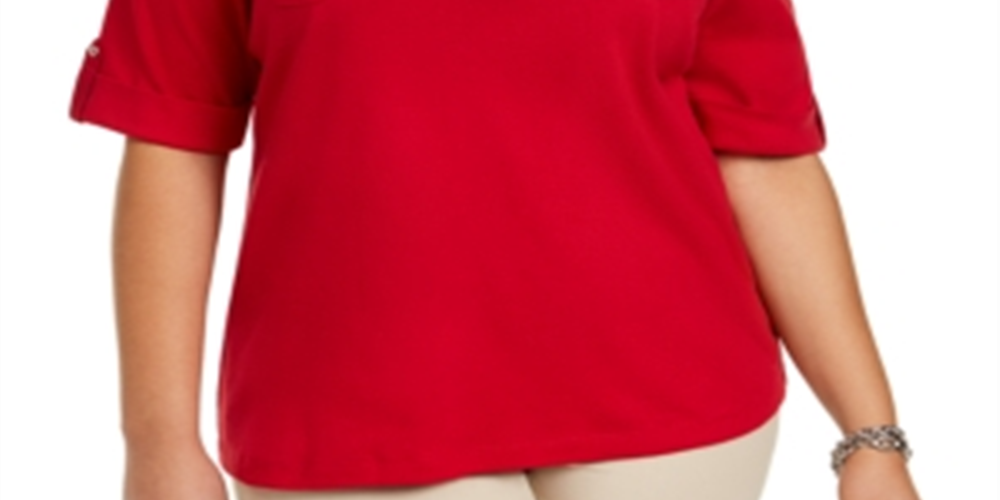 Karen Scott Women's Plus Cotton Collared Top Red Size 4X