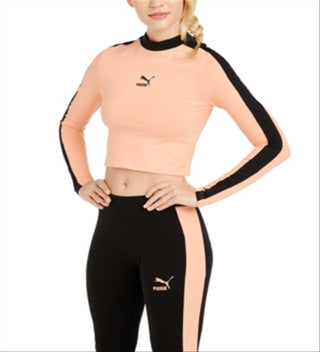 Puma Women's Tee Shirts Parfait Side Stripe Logo Cropped Long Sleeve Top Orange Size X-Large