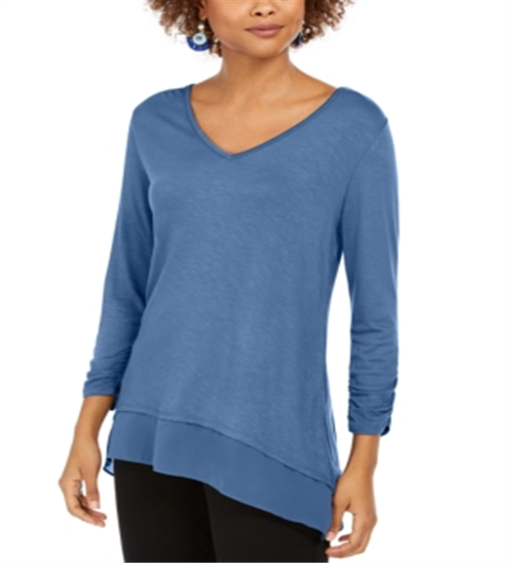 Style & Co Women's V-Neck Chiffon-Hem Top Blue Size S