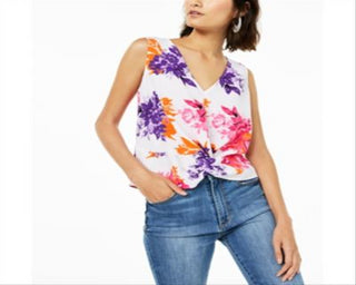 Bar III Women's Twist Front Floral Sleeveless V Neck Top White Size XXS