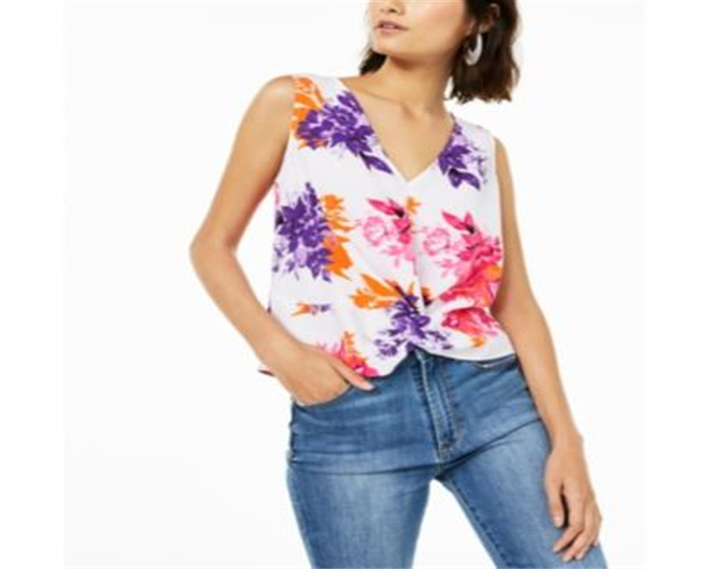 Bar III Women's Twist Front Floral Sleeveless V Neck Top White Size XXS