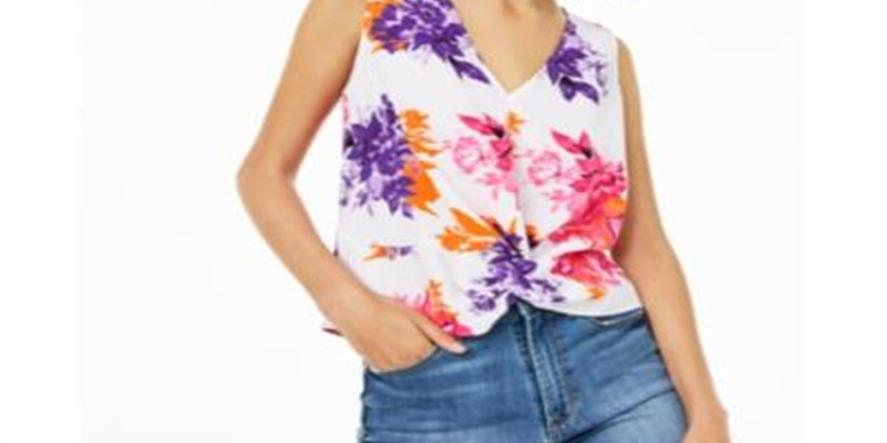 Bar III Women's Twist Front Floral Sleeveless V Neck Top White Size XXS