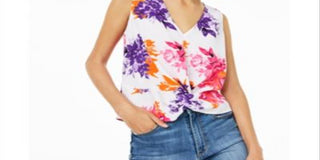 Bar III Women's Twist Front Floral Sleeveless V Neck Top White Size XXS