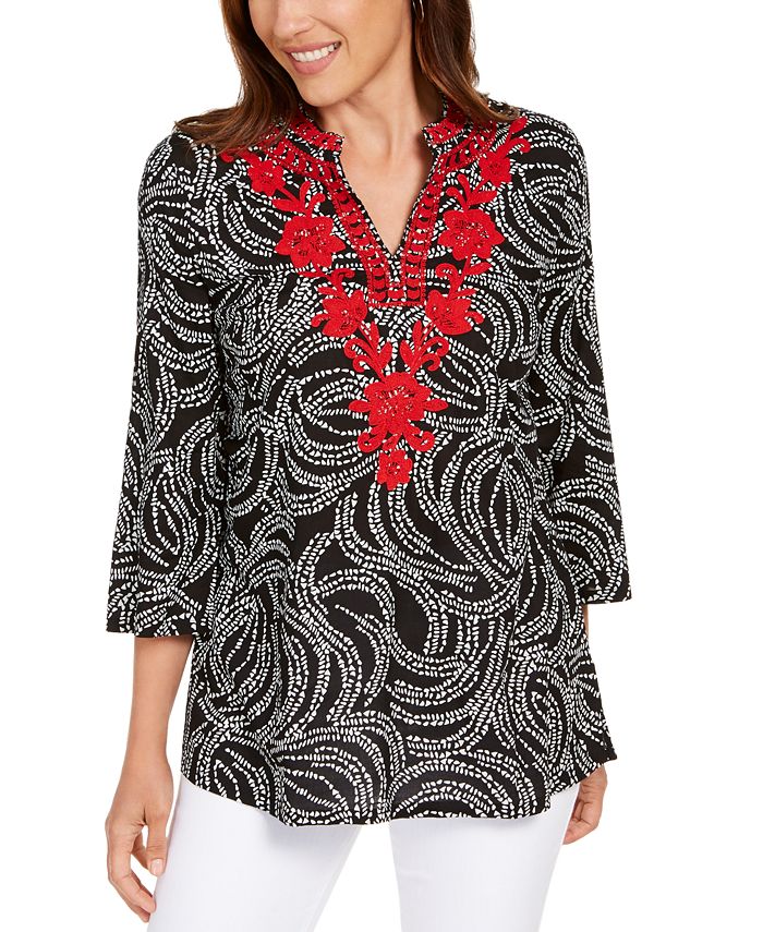 Charter Club Women's Embroidered Blouse Black Size Petite Small