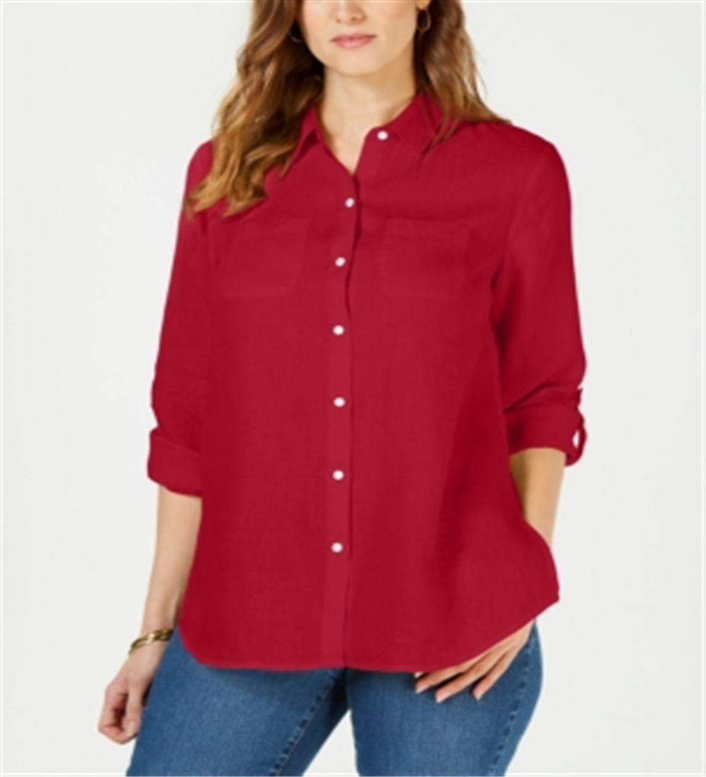 Charter Club Women's Linen Button Front Shirt Red Size Petite Large