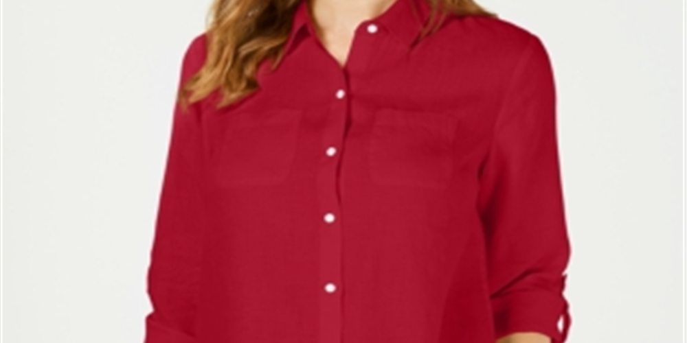 Charter Club Women's Linen Button Front Shirt Red Size Petite Large