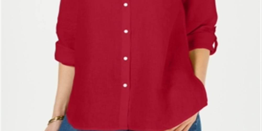 Charter Club Women's Linen Button Front Shirt Red Size Petite Large