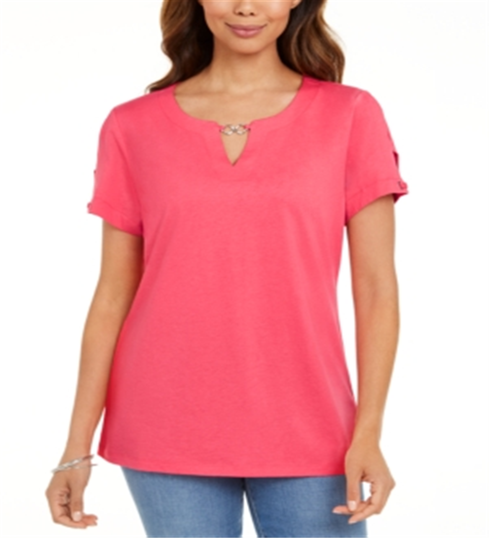 Karen Scott Women's Keyhole T-Shirt Orange Size X-Small