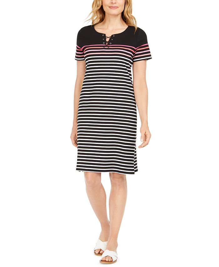 Karen Scott Women's Mirage Cotton Striped Lace up Dress Black Size X-Small