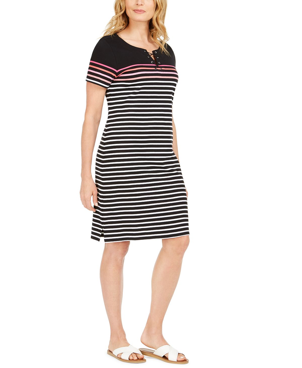 Karen Scott Women's Mirage Cotton Striped Lace up Dress Black Size X-Small