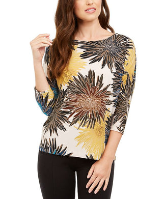 Alfani Women's Printed Boat Neck Top Yellow Size Petite