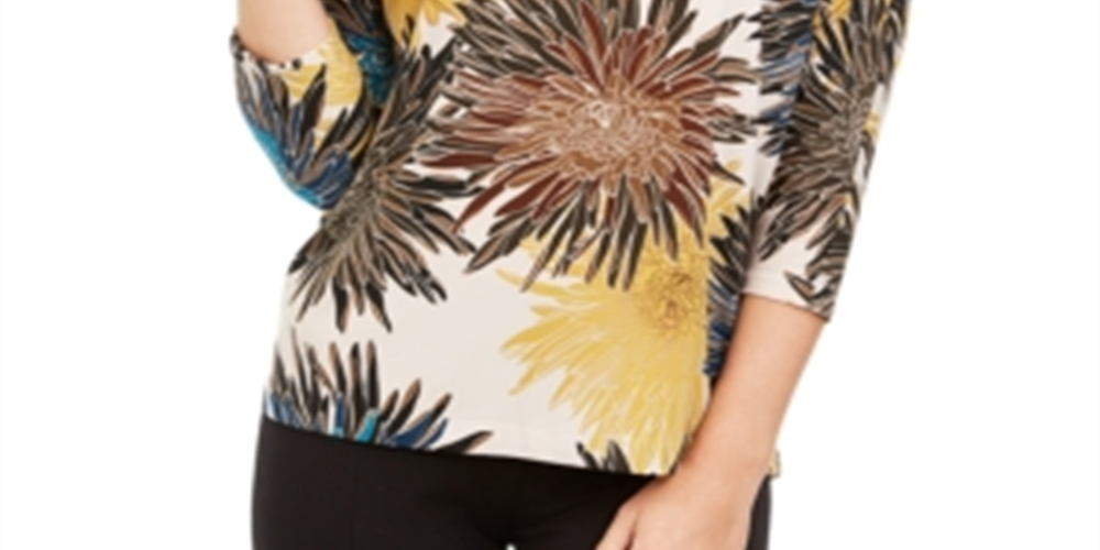 Alfani Women's Printed Boat Neck Top Yellow Size Petite