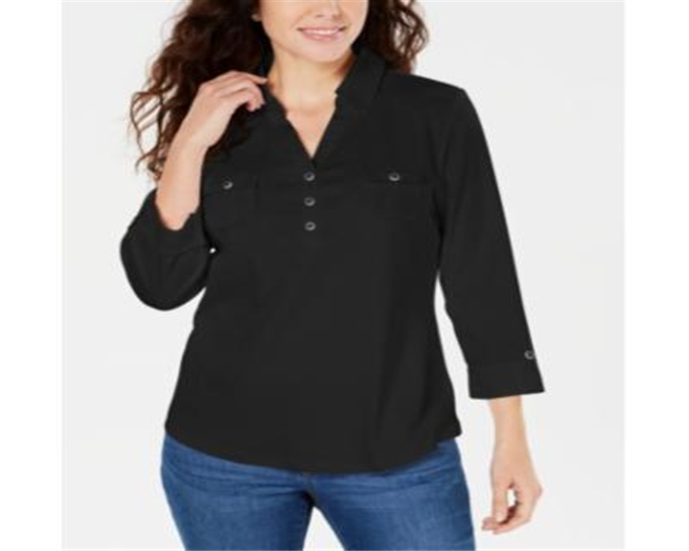 Karen Scott Women's 3/4 Sleeve Polo Shirt Black Size Petite Small