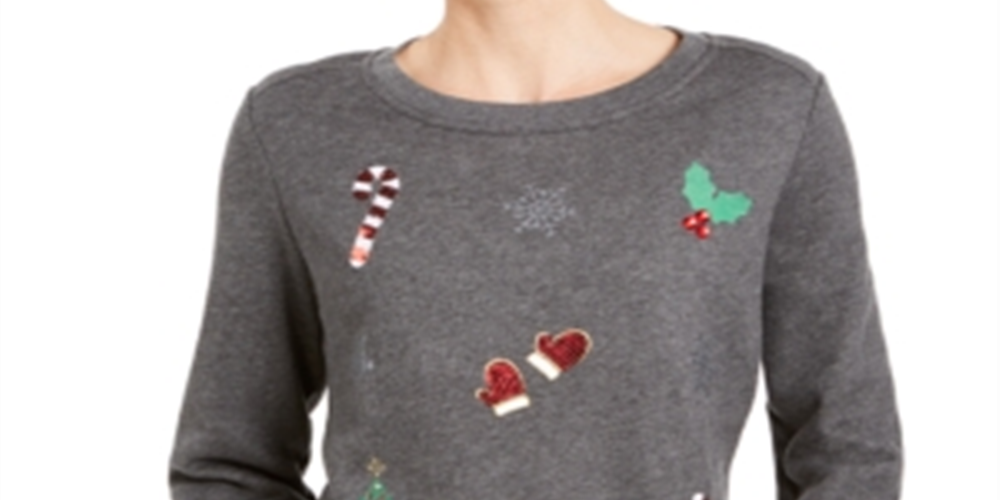 Karen Scott Women's Embellished Sweatshirt Gray Size Petite Medium