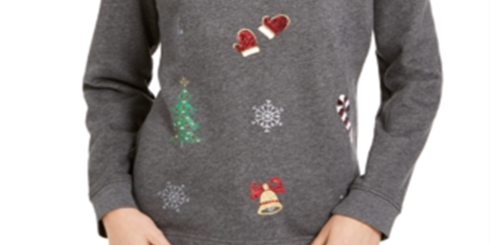 Karen Scott Women's Embellished Sweatshirt Gray Size Petite Medium