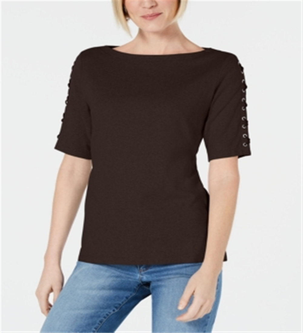 Karen Scott Women's Cotton Lace up-Sleeve Top Brown Size Small