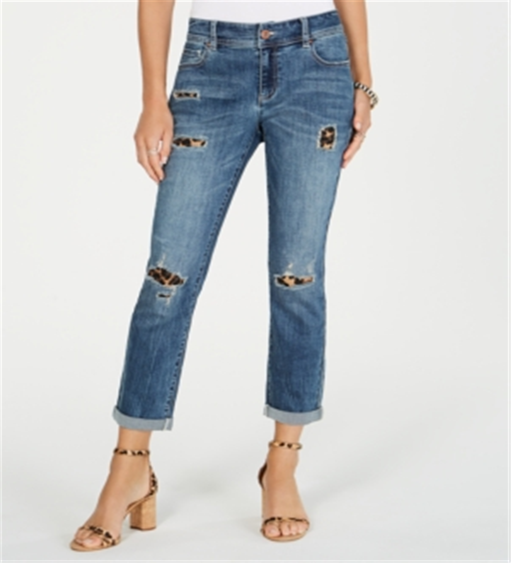 INC International Concepts Women's Animal Print Boyfriend Jeans Black Size 4
