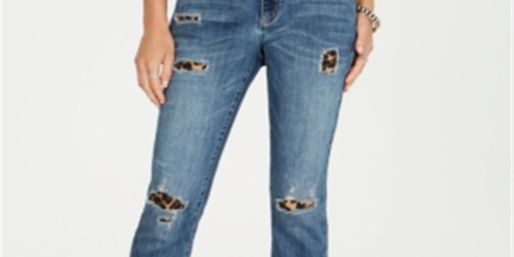 INC International Concepts Women's Animal Print Boyfriend Jeans Black Size 4