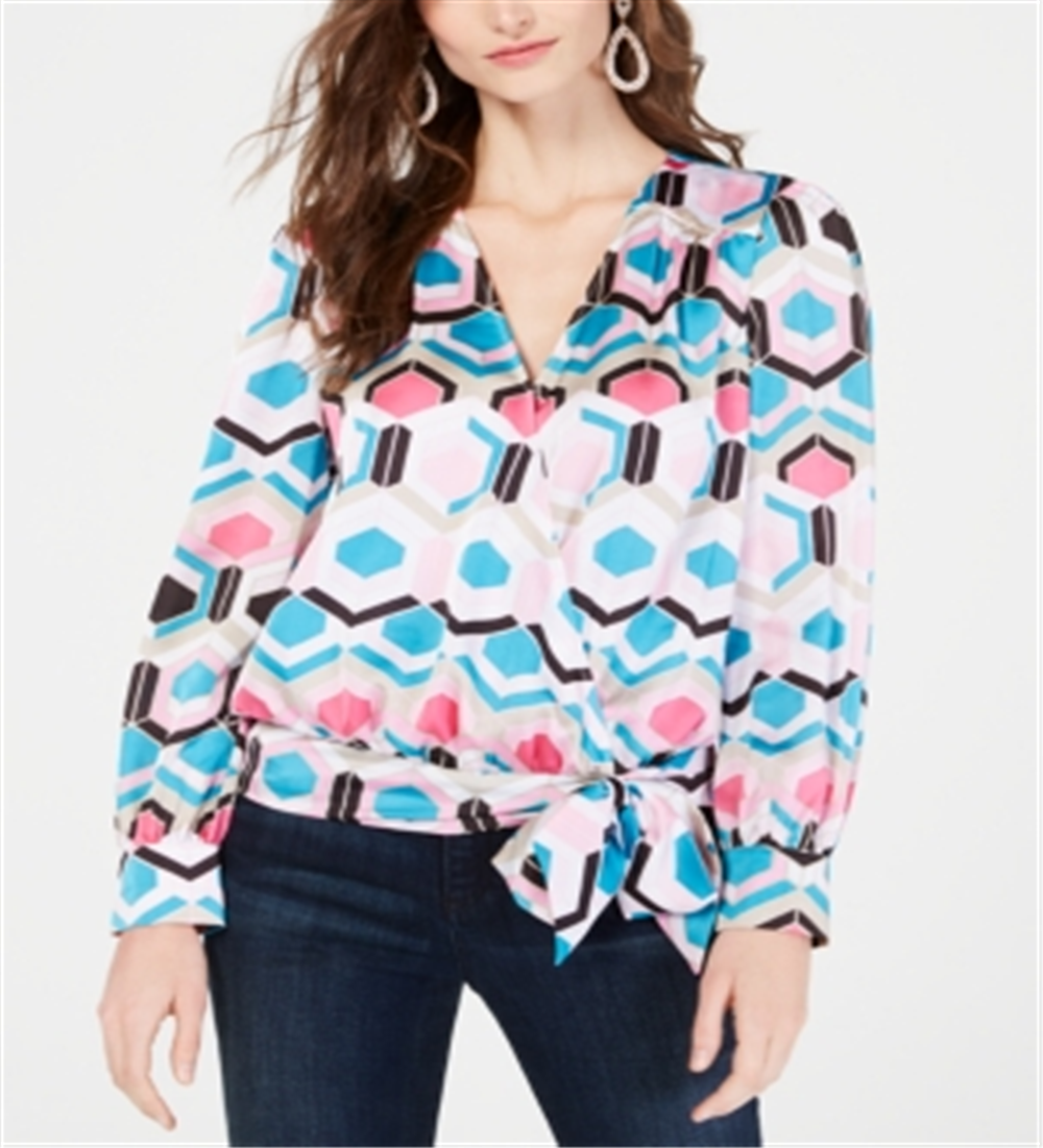 Inc International Concepts Women's Petite Printed Faux-Wrap Top  - Honeycomb Blue Size Petite Medium