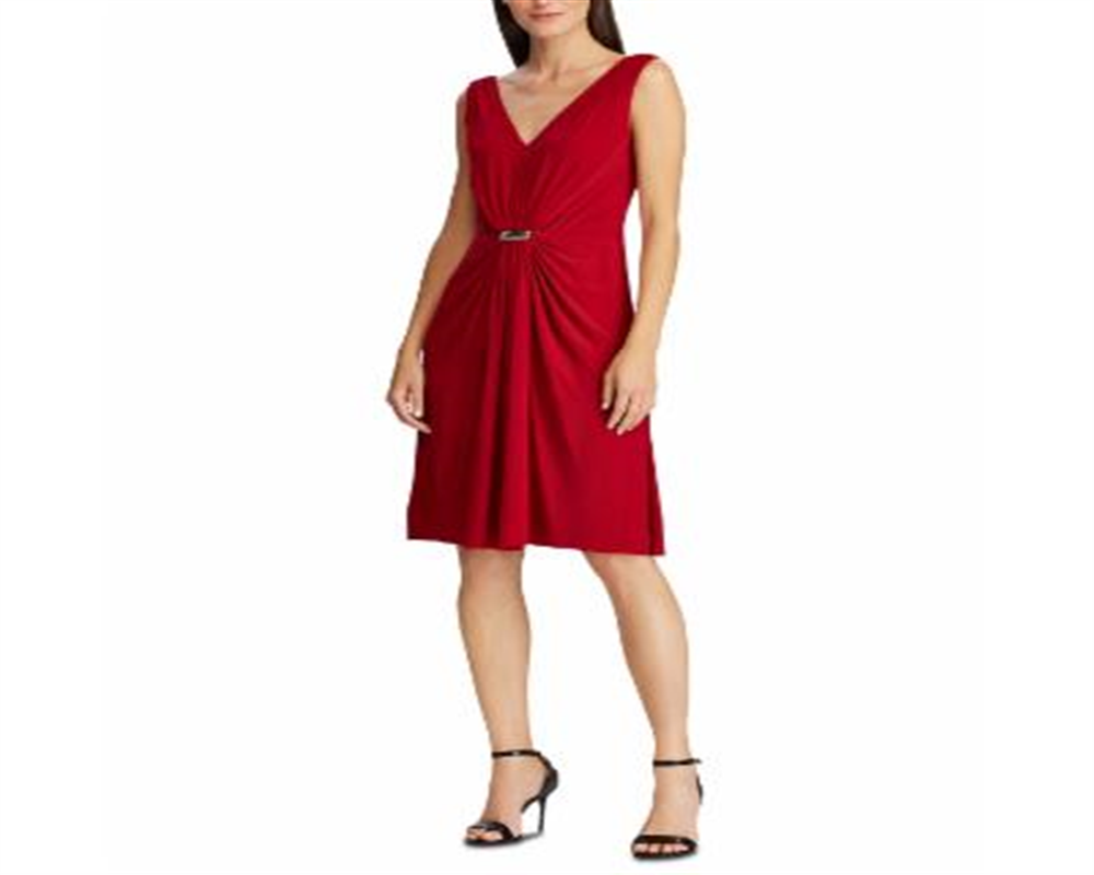 Ralph Lauren Women's Crystal Brooch Gathered Dress Red Size 18
