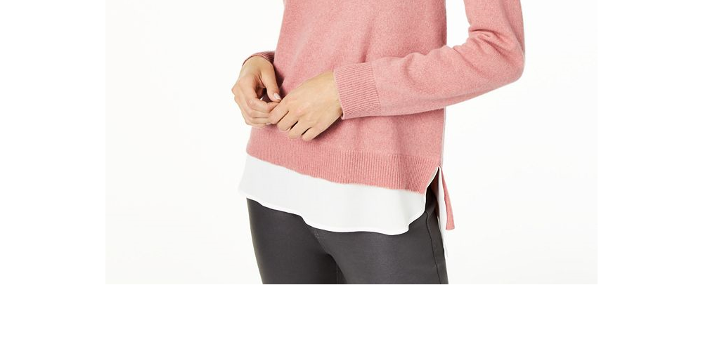 Charter Club Women's Cashmere Embellished Layered Look Sweater Pink Size Petite S/M