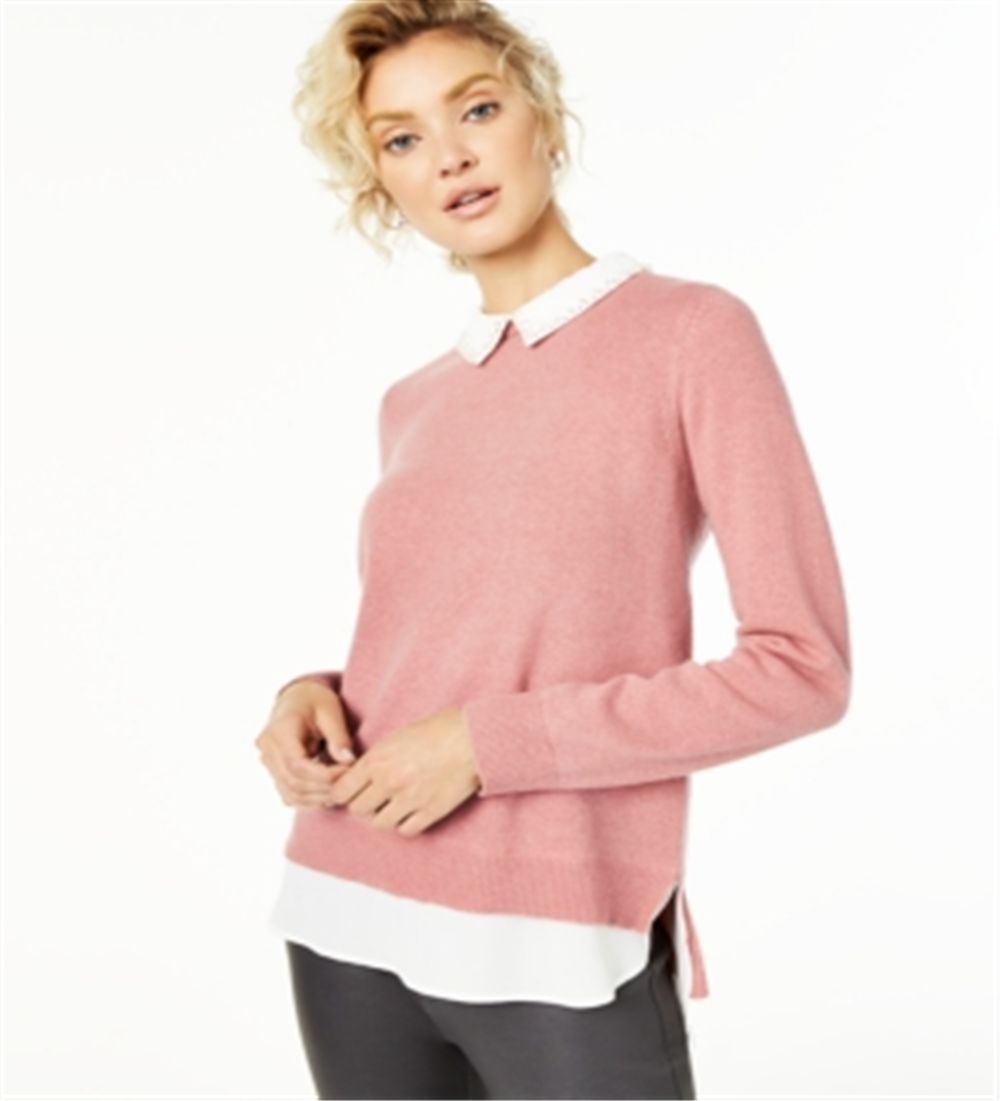 Charter Club Women's Cashmere Embellished Layered Look Sweater Pink Size Petite S/M