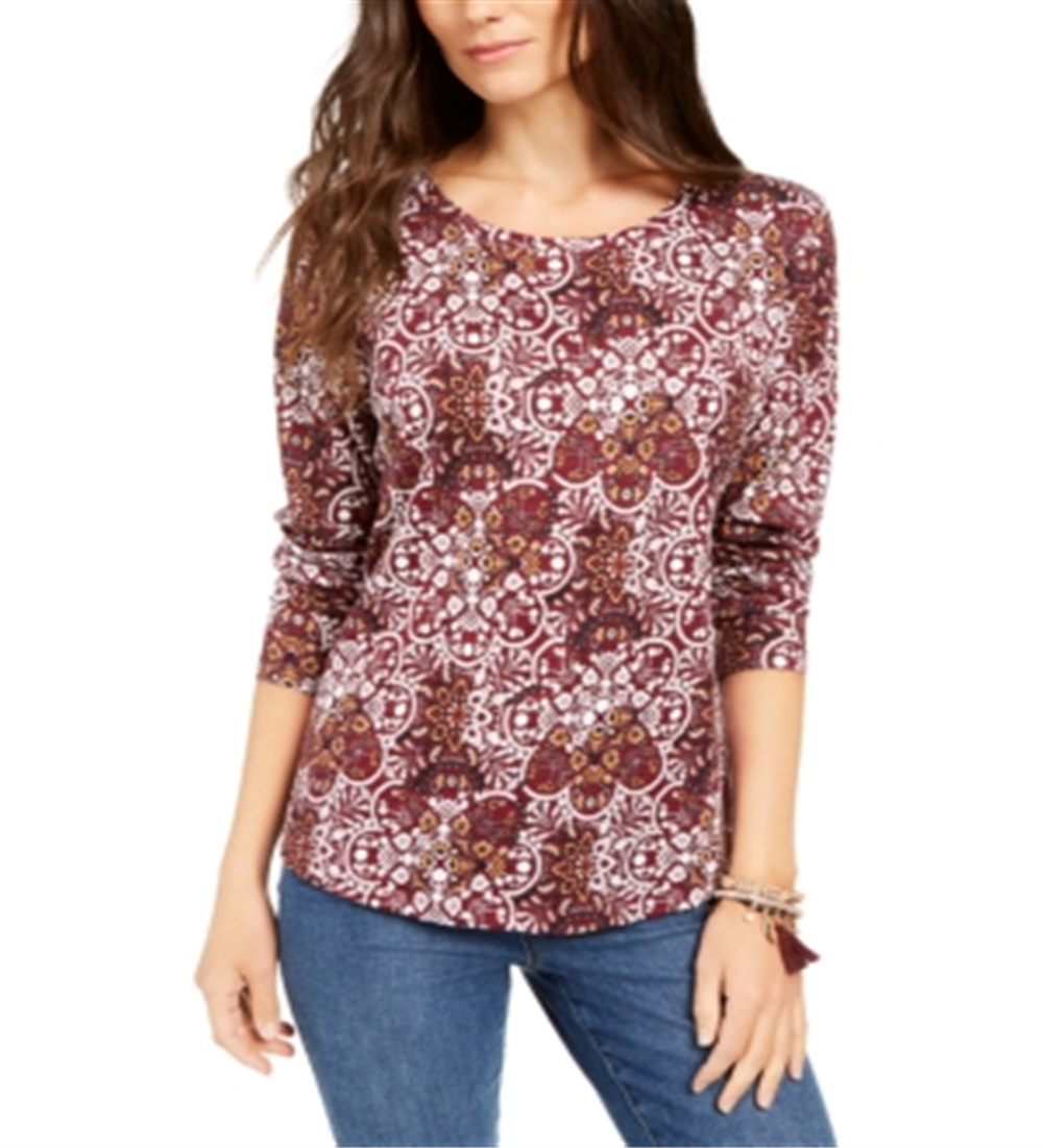 Style & Co Women's Printed Top Wine Size PP