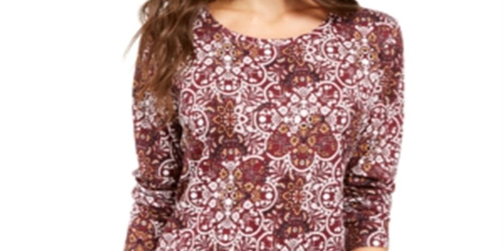 Style & Co Women's Printed Top Wine Size PP