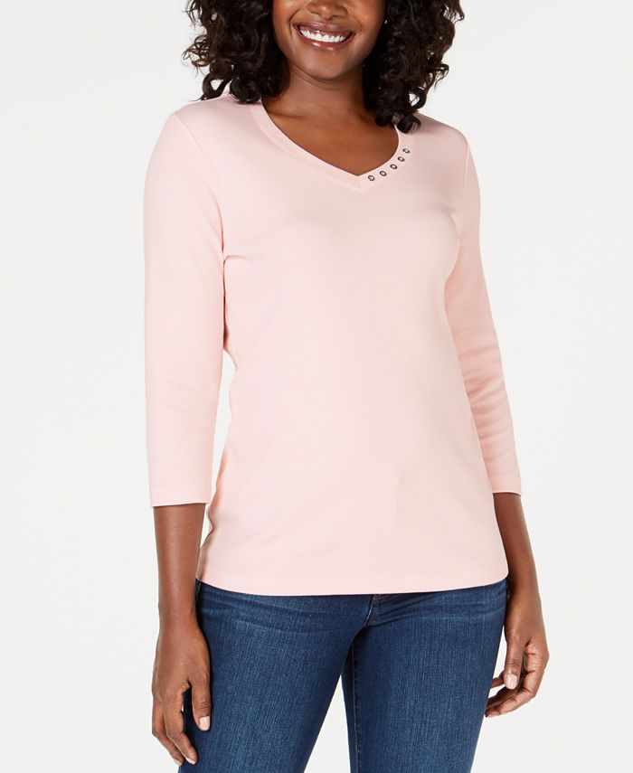 Karen Scott Women's Cotton Button Trim Top Pink Size Large