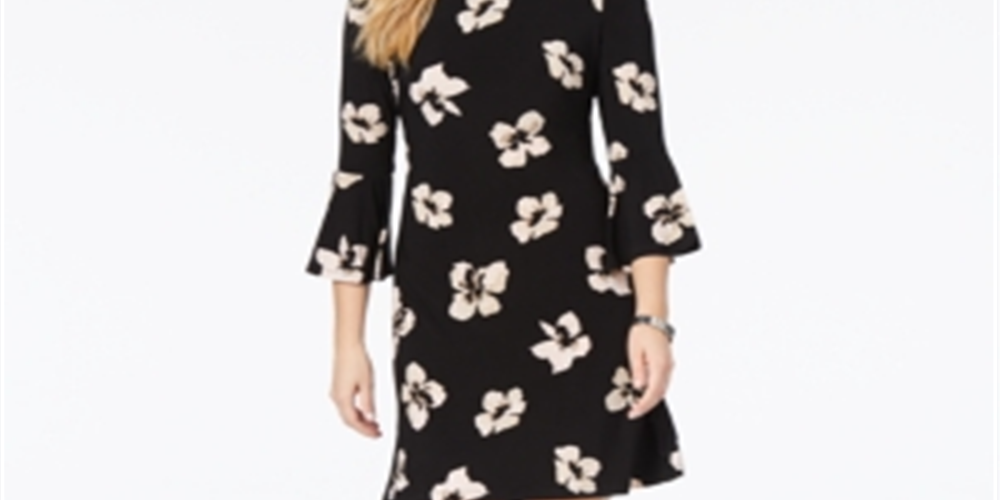 Tommy Hilfiger Women's Printed Jersey Bell Sleeve a line Dress Black Size 16