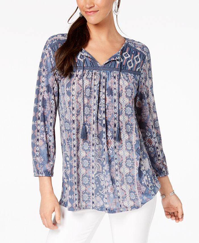 Style & Co Women's Mixed Print Peasant Top Blue Size Petite S