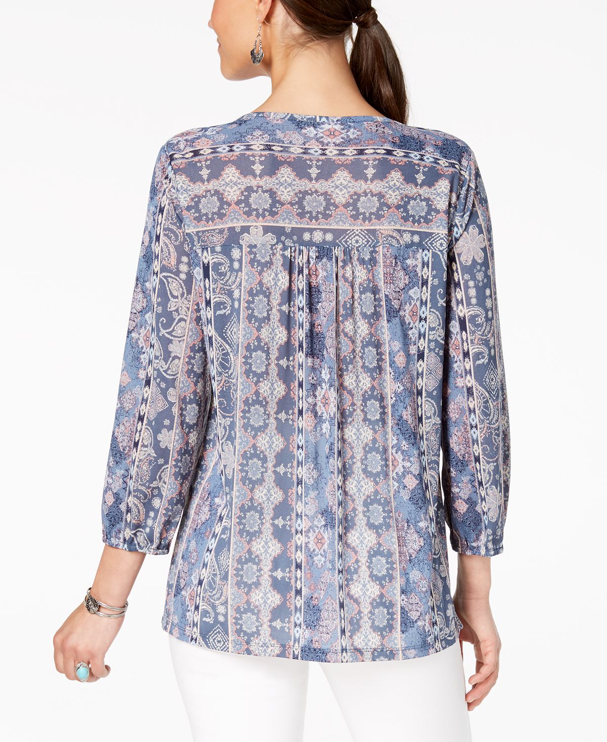 Style & Co Women's Mixed Print Peasant Top Blue Size Petite S