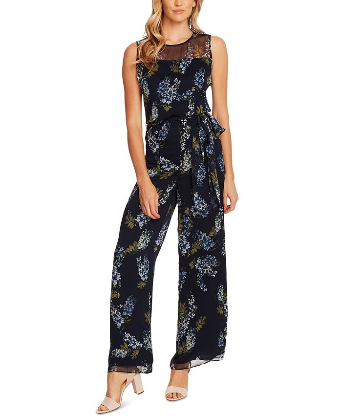 Vince Camuto Women's Weeping Willows Printed Illusion Jumpsuit Navy Size 8 Petite
