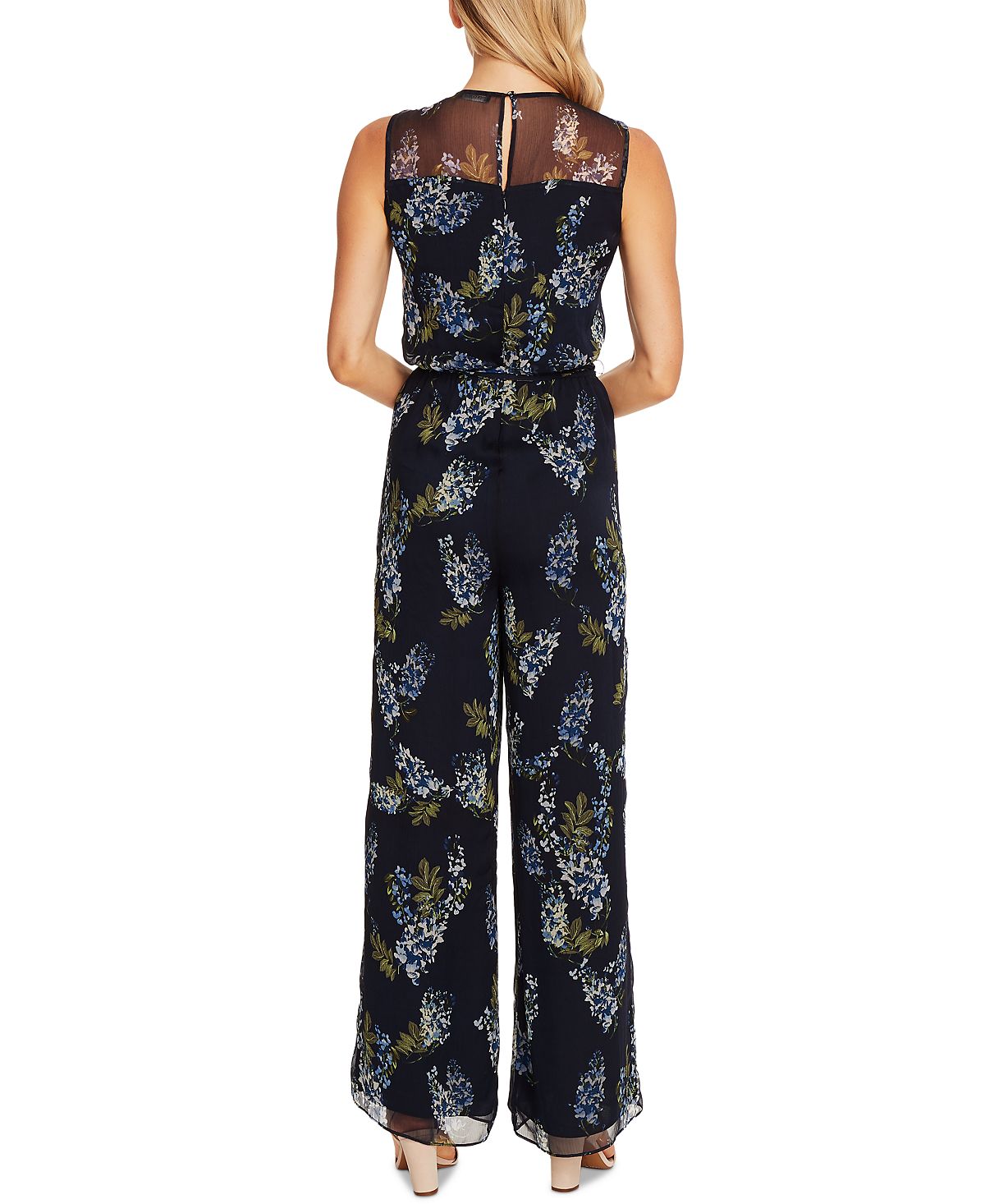 Vince Camuto Women's Weeping Willows Printed Illusion Jumpsuit Navy Size 8 Petite