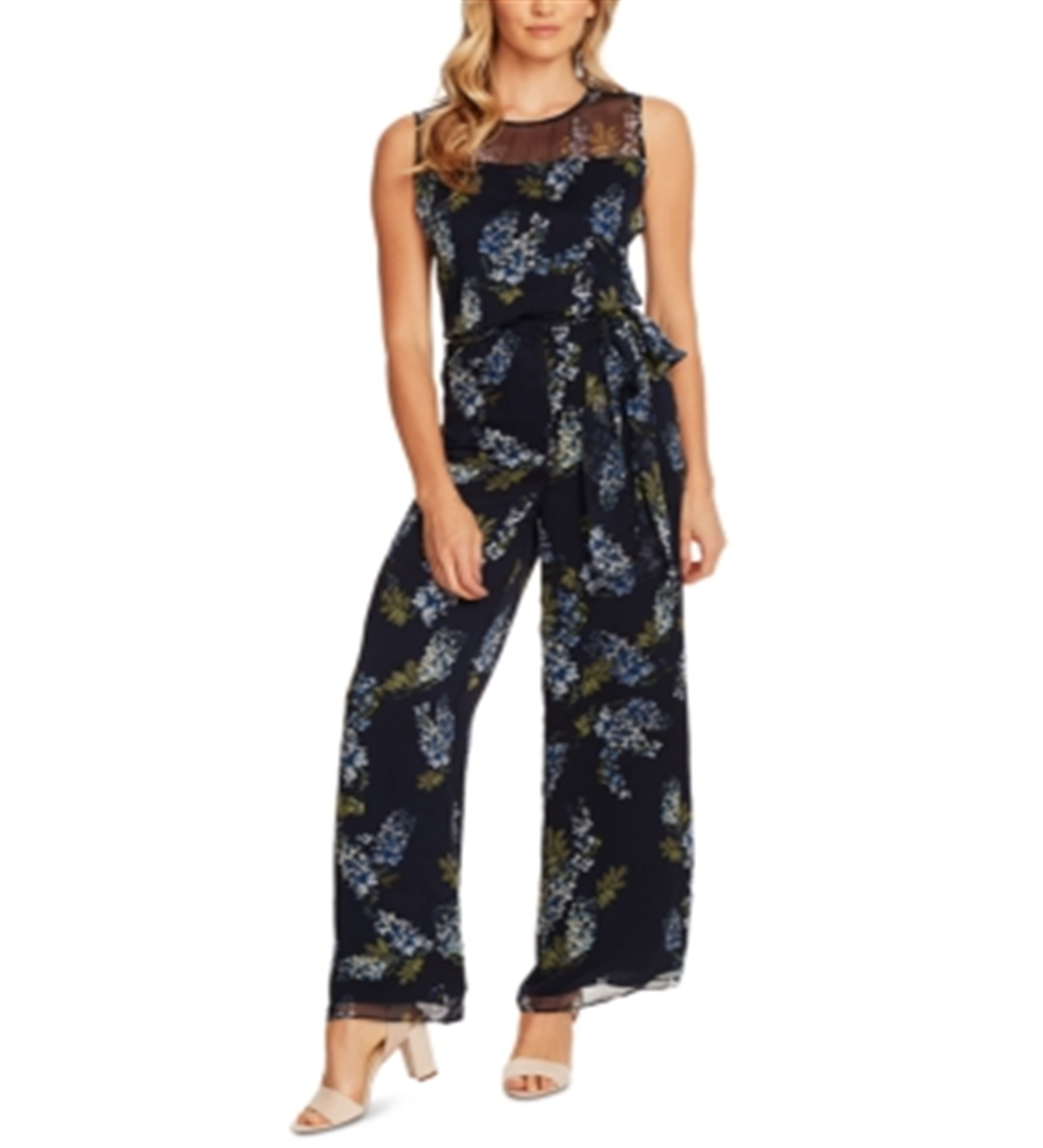 Vince Camuto Women's Weeping Willows Printed Illusion Jumpsuit Navy Size 8 Petite