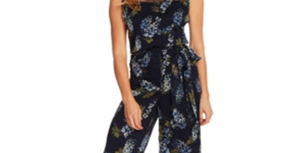 Vince Camuto Women's Weeping Willows Printed Illusion Jumpsuit Navy Size 8 Petite