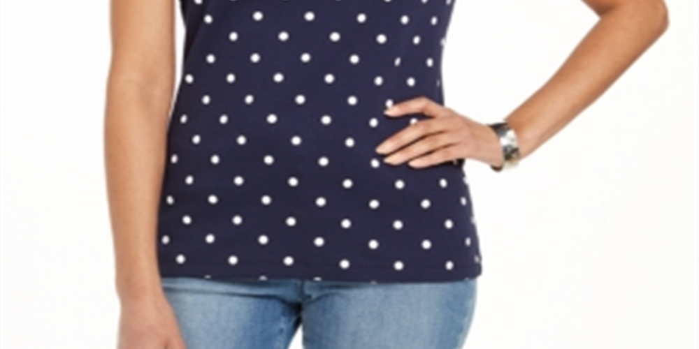 Karen Scott Women's Cotton Dot Print Scallop Neck Top Blue Size Small