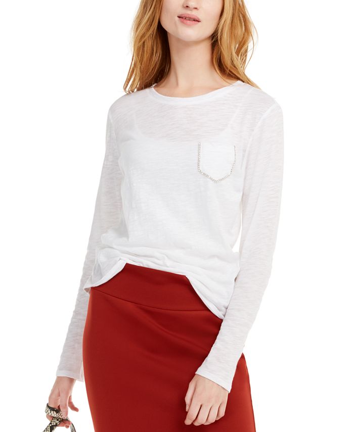 INC International Concepts Women's Cotton Rhinestone Pocket Top Black Size Medium