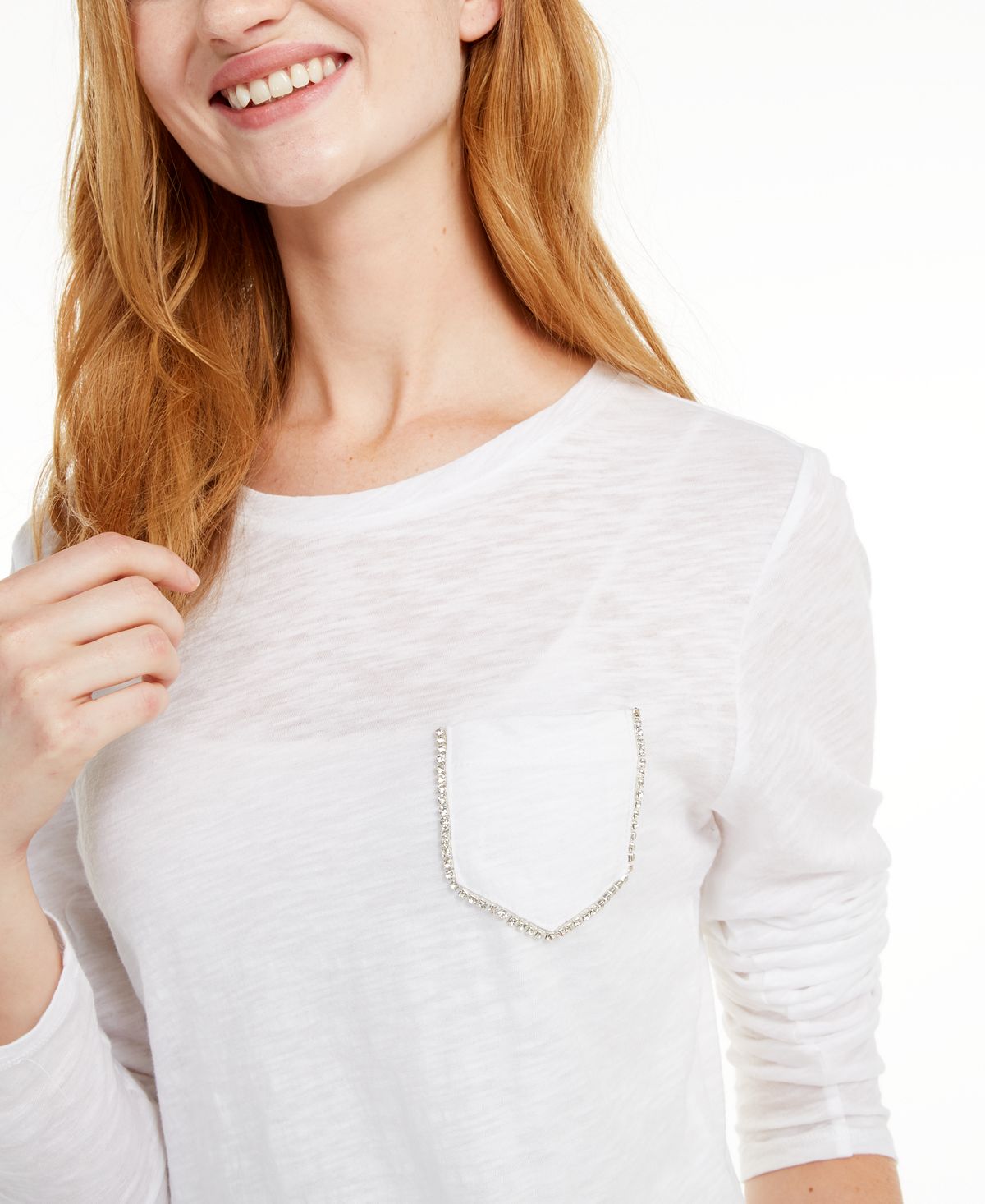 INC International Concepts Women's Cotton Rhinestone Pocket Top Black Size Medium