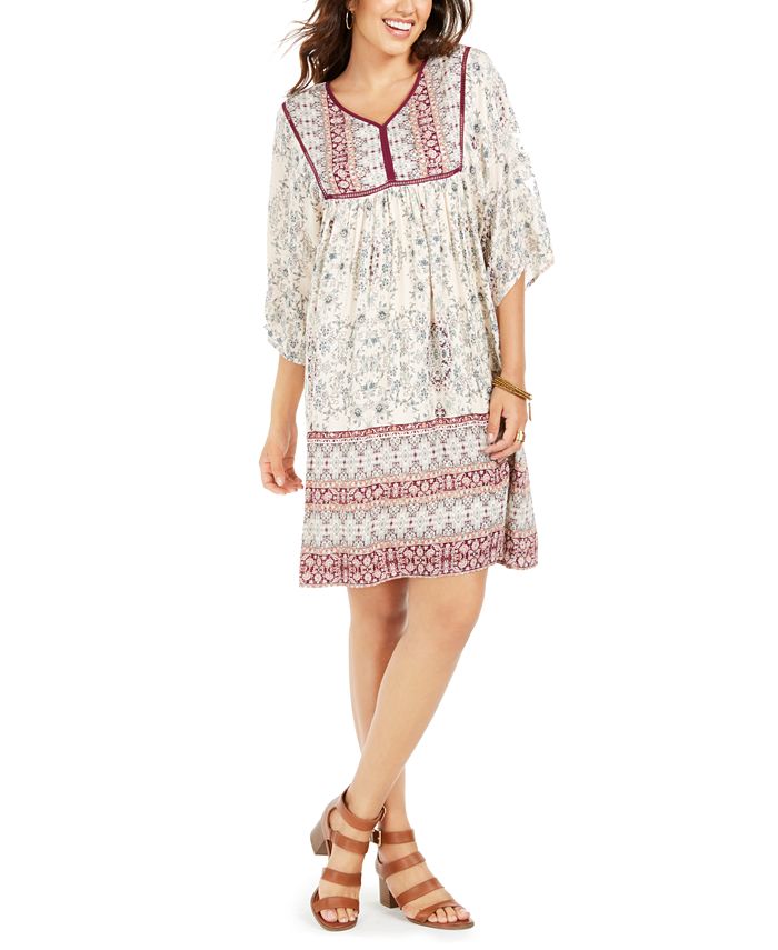 Style & Co Petite Printed 3/4-Sleeve Peasant Dress Brown Size Petite P