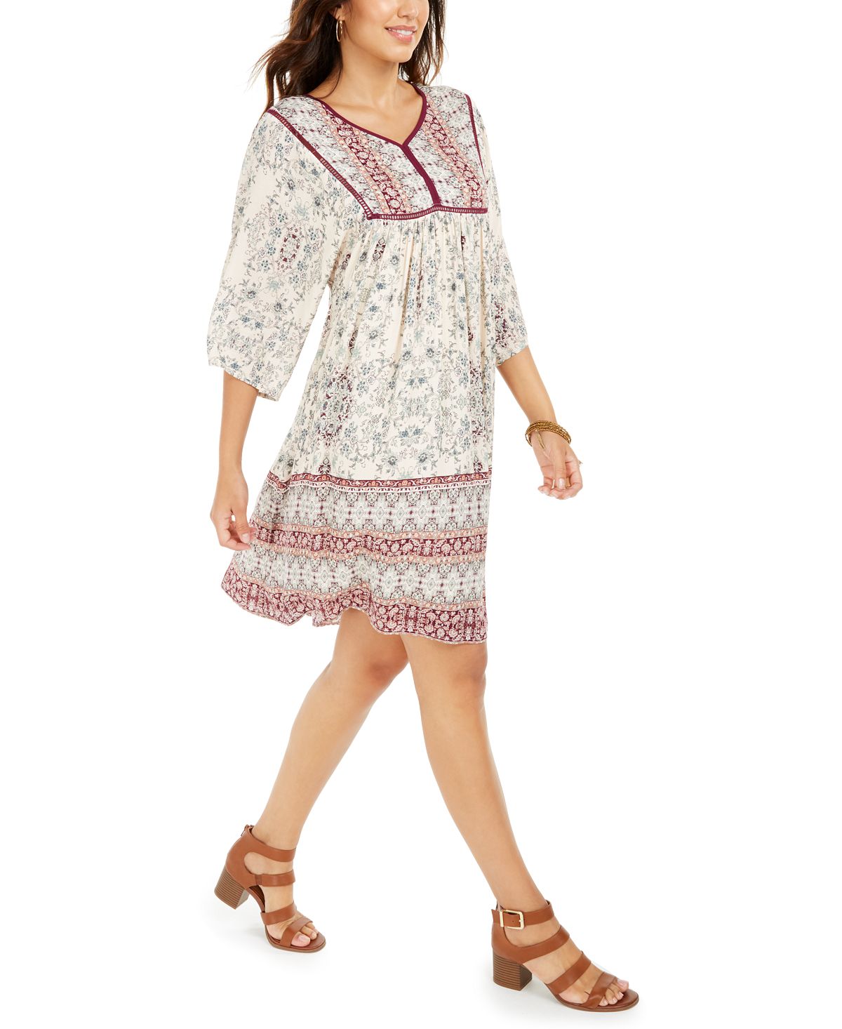 Style & Co Petite Printed 3/4-Sleeve Peasant Dress Brown Size Petite P
